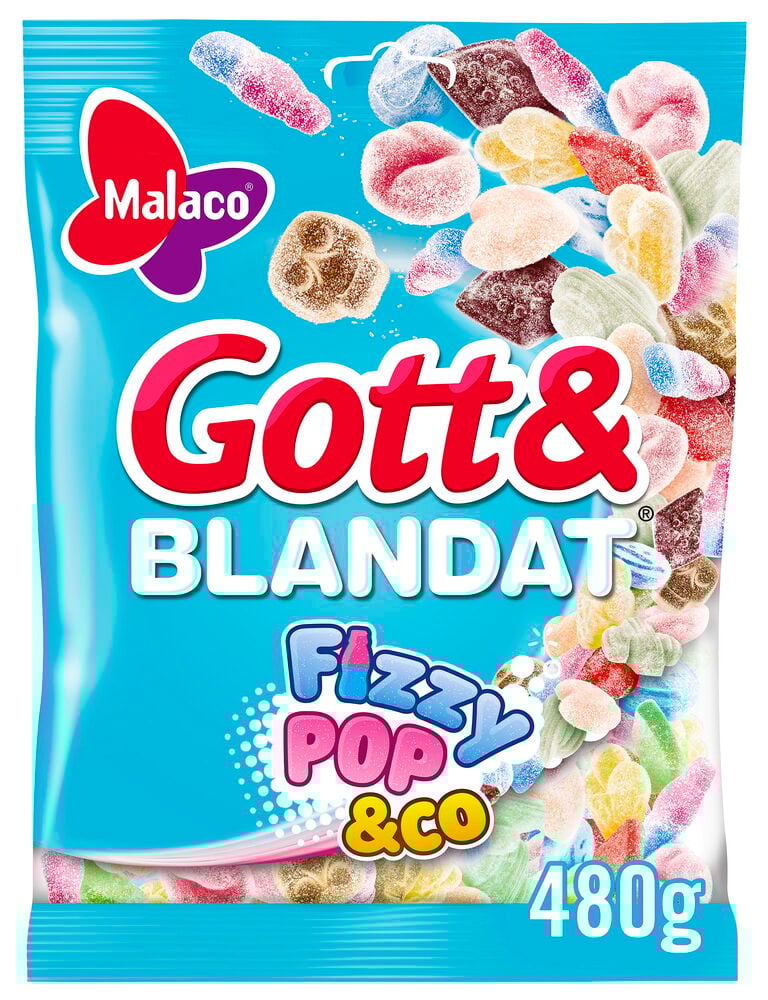 Süßigkeiten Gott & Blandat 480 g Fizzy Pop & Co. in blauer Tüte mit bunten gemischten Brausebonbons.