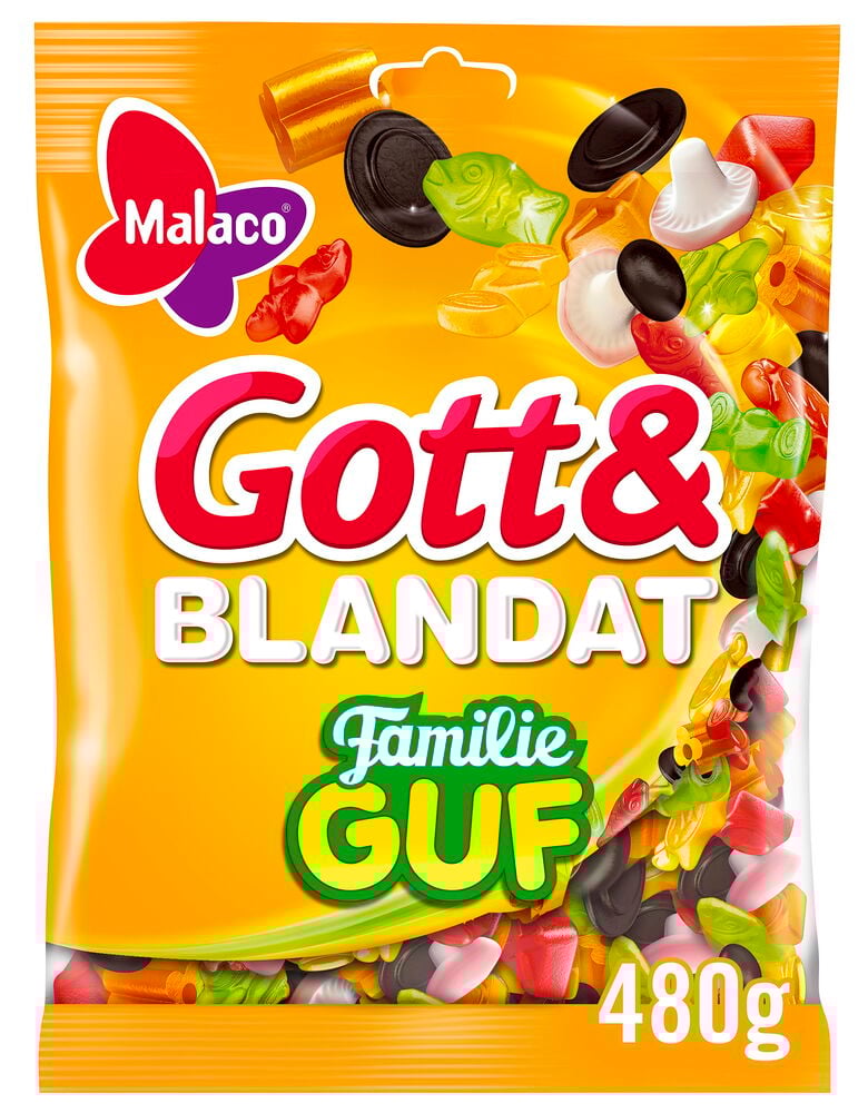 Eine gelbe Tüte Süßigkeiten Gott & Blandat 480g Familie Guf mit gemischten Gummi- und Lakritzsüßigkeiten.