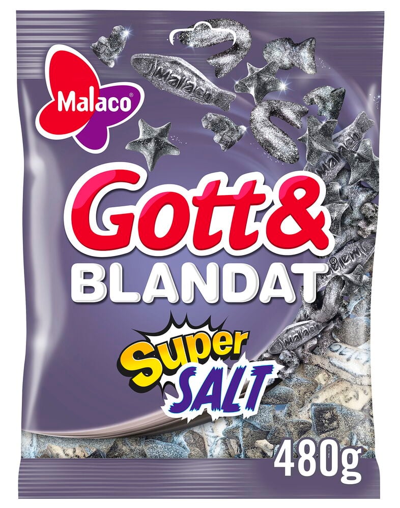 Süßigkeiten Gott & Blandat 480 g Supersalty, eine lila Tüte gefüllt mit dunklen Lakritzbonbons in verschiedenen Formen.