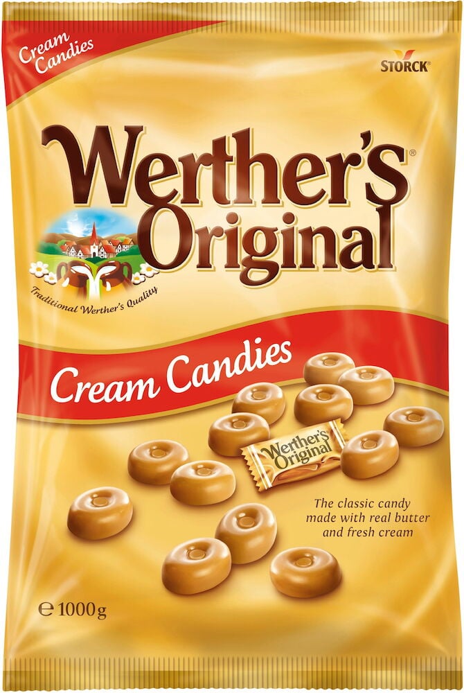Stor förpackning Werther’s Original gräddkarameller 1 kg.