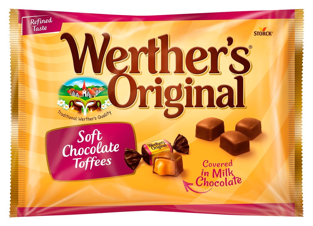 Makeiset Werther’s Original 1 kg pussi pehmeitä suklaatoffeita, osittain maitosuklaalla päällystettyinä.