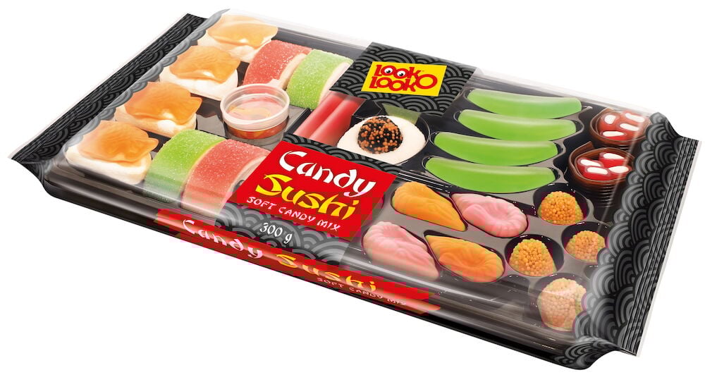 En plastlåda med färgglad godis utformad som sushi.