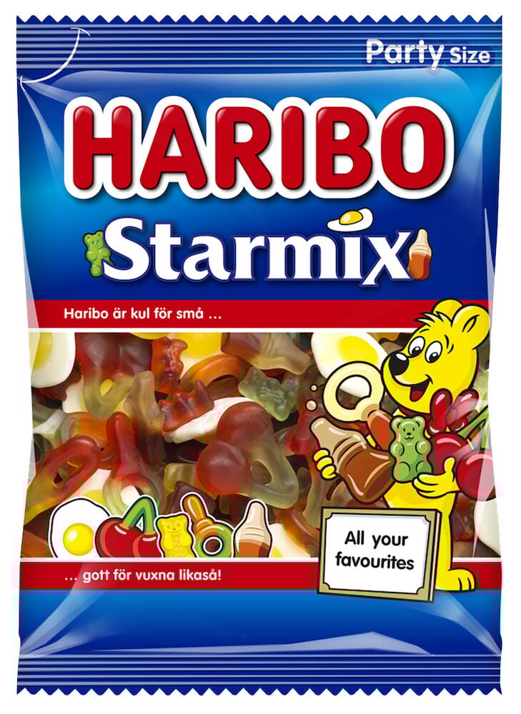 Påse med Haribo Starmix gelégodis och gummibjörnar.