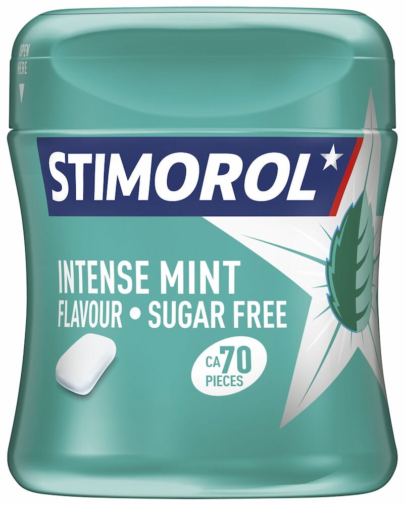 Turkos plastburk Stimorol tuggummi intense mint sockerfri.