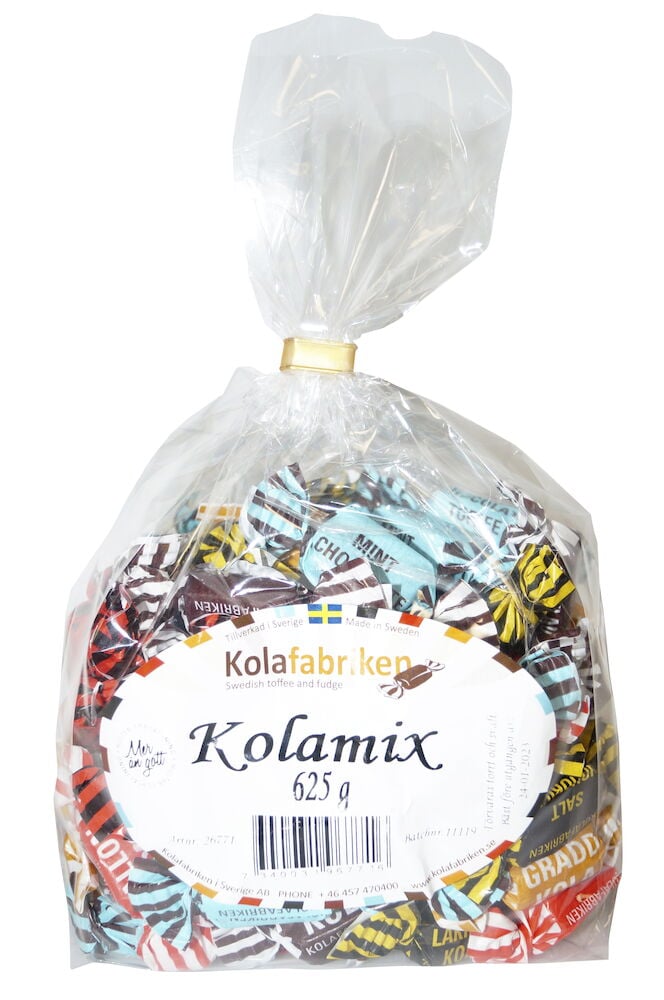 En plastpåse med blandade inslagna kolor.