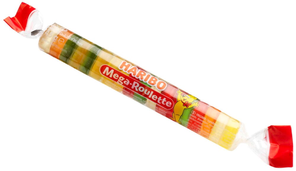 En rulle färgglatt fruktgodis från Haribo.
