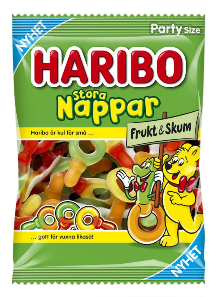 Grön Haribo-påse med stora gummiringar.