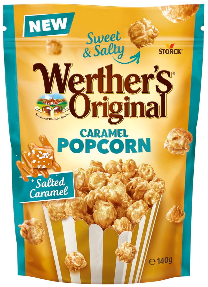 En påse karamellpopcorn med Werther’s Original logotyp.