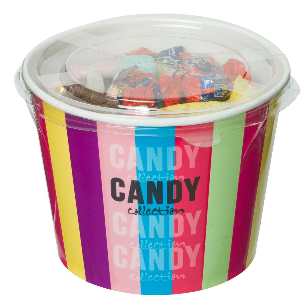 Färgglad burk med lock fylld med godis.