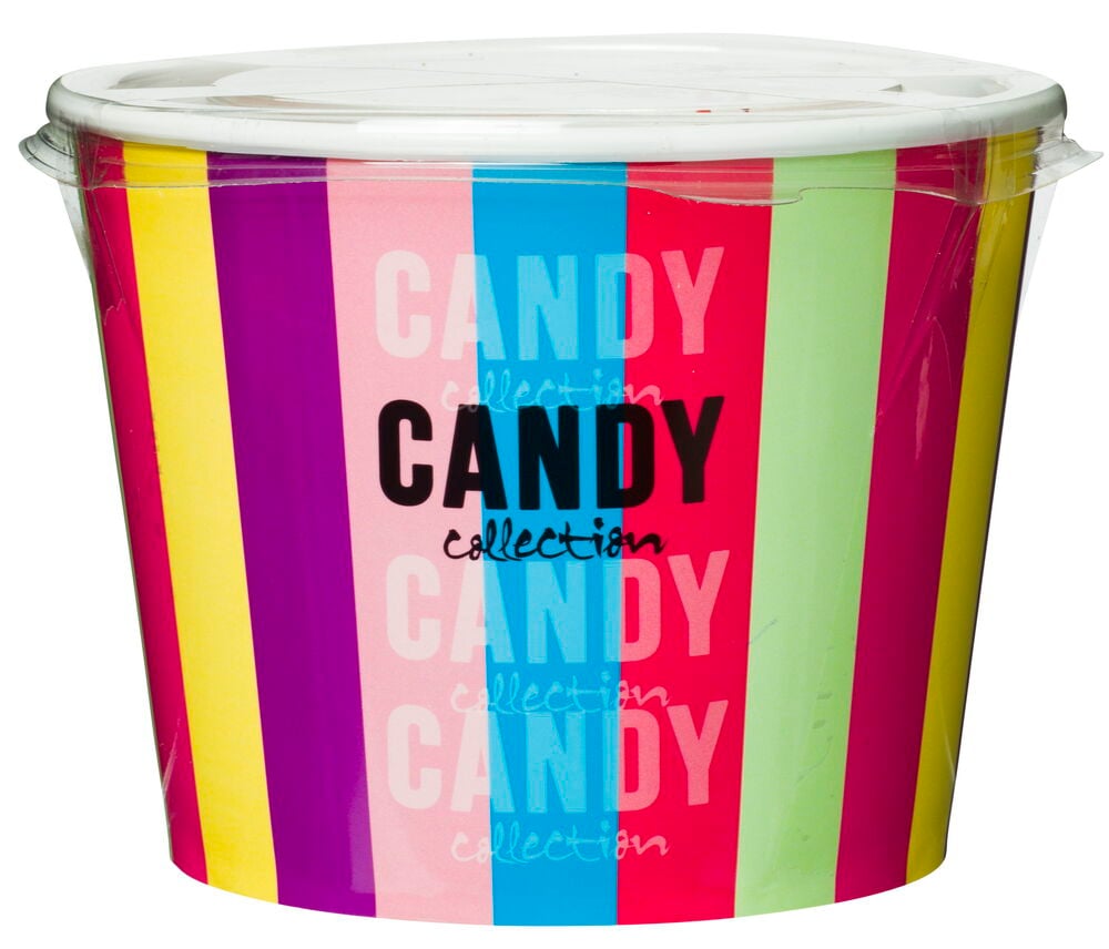 Eine Dose mit bunten Streifen und Plastikdeckel.