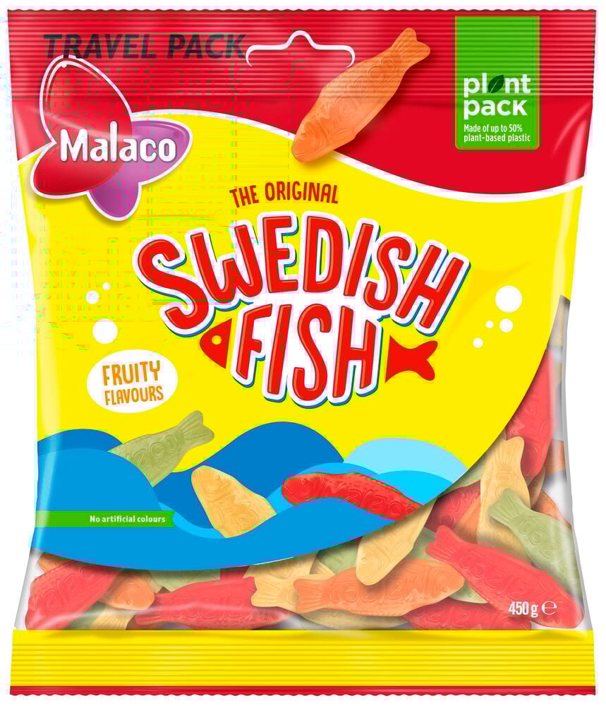 Flerfärgad godispåse Malaco Swedish Fish påse.