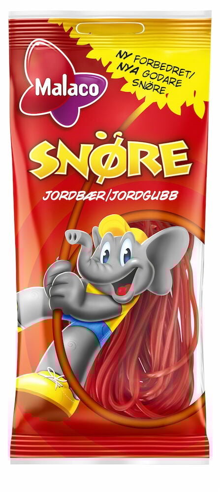 Röd förpackning med jordgubbssnören och tecknad elefant.