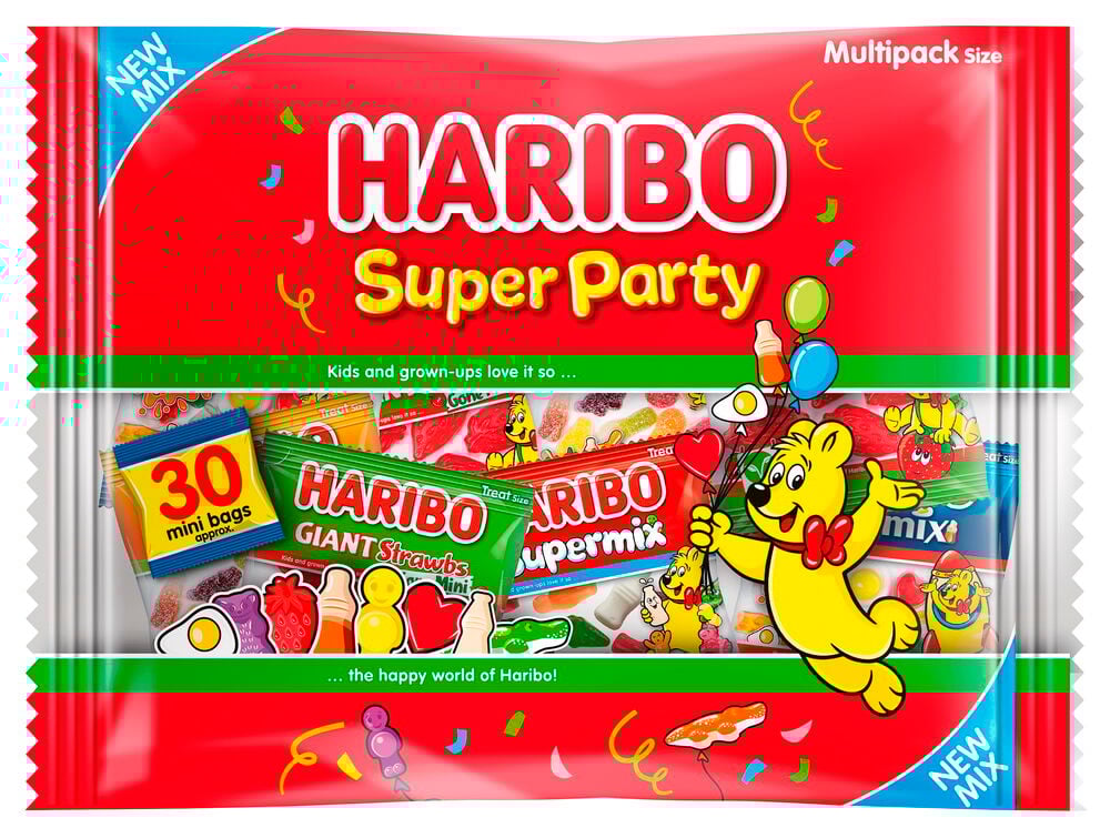 Süßigkeiten Haribo 480 g Super Party Multipack-Beutel zeigt 30 Minibeutel, einen Haribo-Bären und Konfetti.