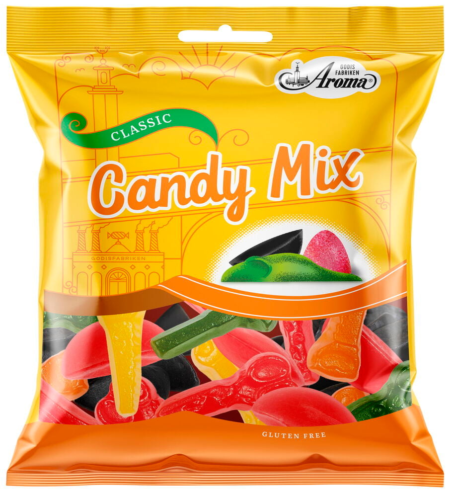 Påse med blandat gelégodis i olika färger.
