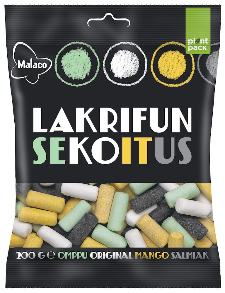 Påse med färgglad lakritsblandning från Malaco.