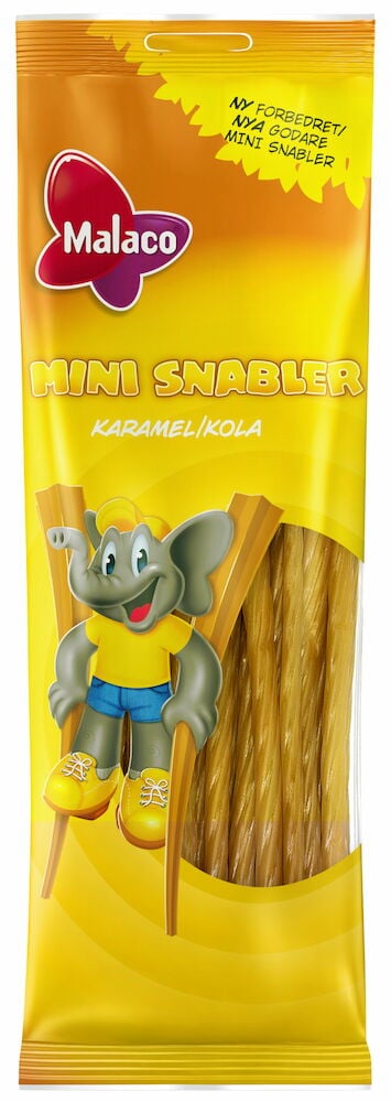 Gul godispåse med elefantmaskot och kolastänger.