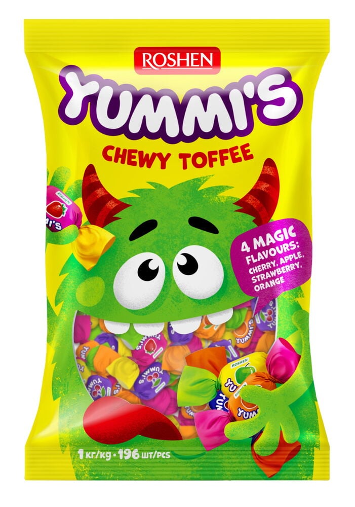 Süßigkeiten Roshen Yummie's 1 kg gelbe Tüte, mit grünem Monsterbild und bunten Kaubonbons.