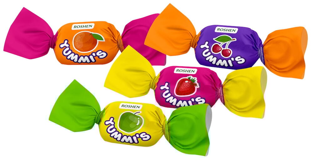 Bunte eingewickelte Fruchtbonbons mit verschiedenen Geschmacksrichtungen.