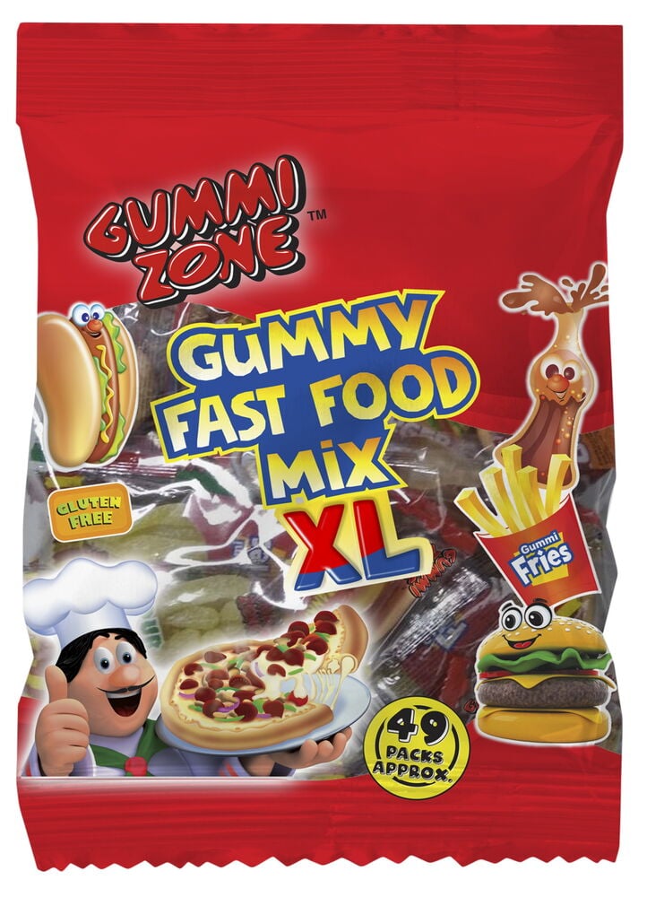 Rote Süßigkeitentüte mit Gummibonbons in Form von Fast Food.