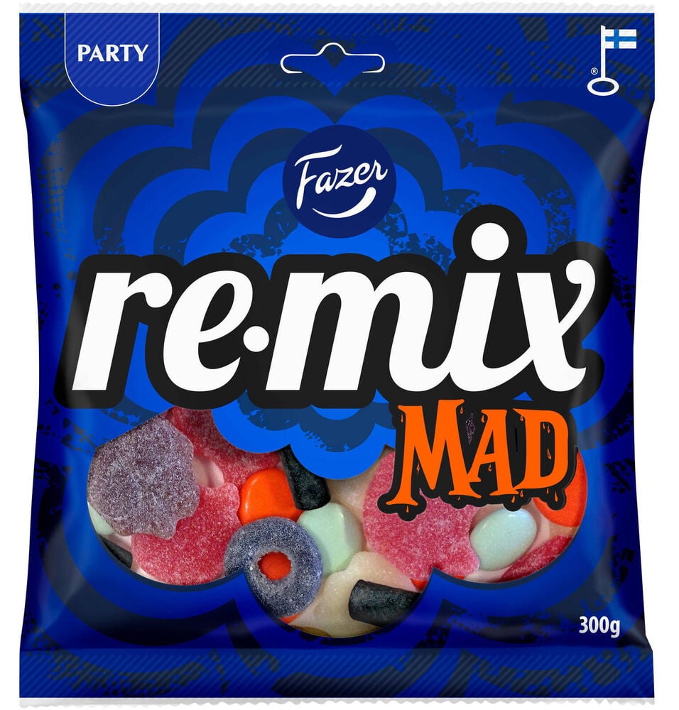 Makeiset Fazer Remix 300 g Mad: Sininen pussi ikkunalla, josta näkyy värikkäitä makeisia ja happamia karkkeja.