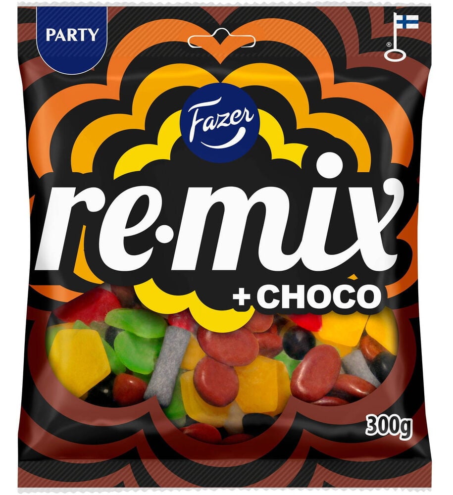 Makeiset Fazer Remix 300 g, musta pussi täynnä värikkäitä sekoitettuja makeisia ja suklaata, 300g.