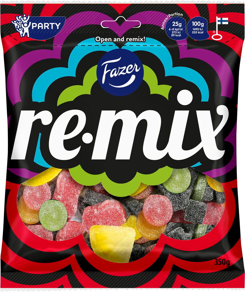 Musta Fazer Remix makeispussi värikkäillä kaarimalleilla, läpinäkyvä ikkuna näyttää erilaisia makeisia, 350g paino.