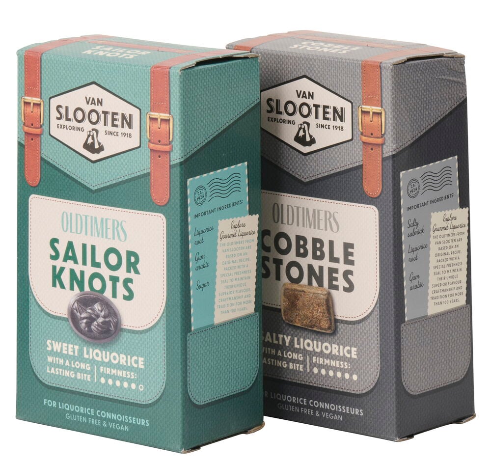 Zwei Van Slooten Old Timers Boxen: grüne Sailor Knots (süß) und graue Cobble Stones (salzig) Lakritze.