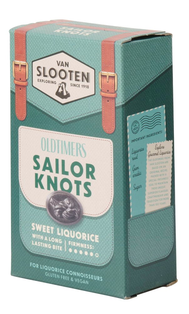 Türkisfarbene Van Slooten Oldtimers Sailor Knots Lakritzbox mit orangefarbenen Riemen und Taschendetail, Vorderansicht.