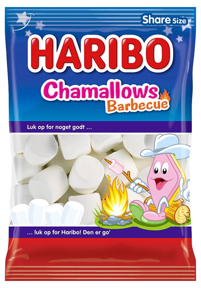 Süßigkeiten Haribo Chamallows 260 g Beutel, blau-rot, mit weißen Marshmallows und Figur, die einen röstet.