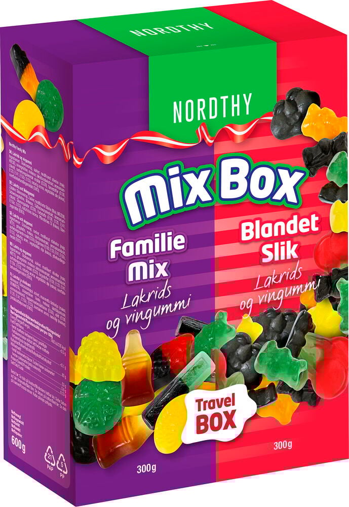 Süßigkeiten Nordthy Mix Box, eine lila und rote 600g Box mit bunten Süßigkeiten, Lakritz und Travel Box.