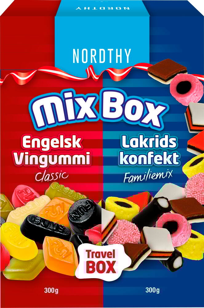 Nordthy Mix Box, 2x300g, mit bunten englischen Weingummis auf Rot und sortiertem Lakritzkonfekt auf Blau.