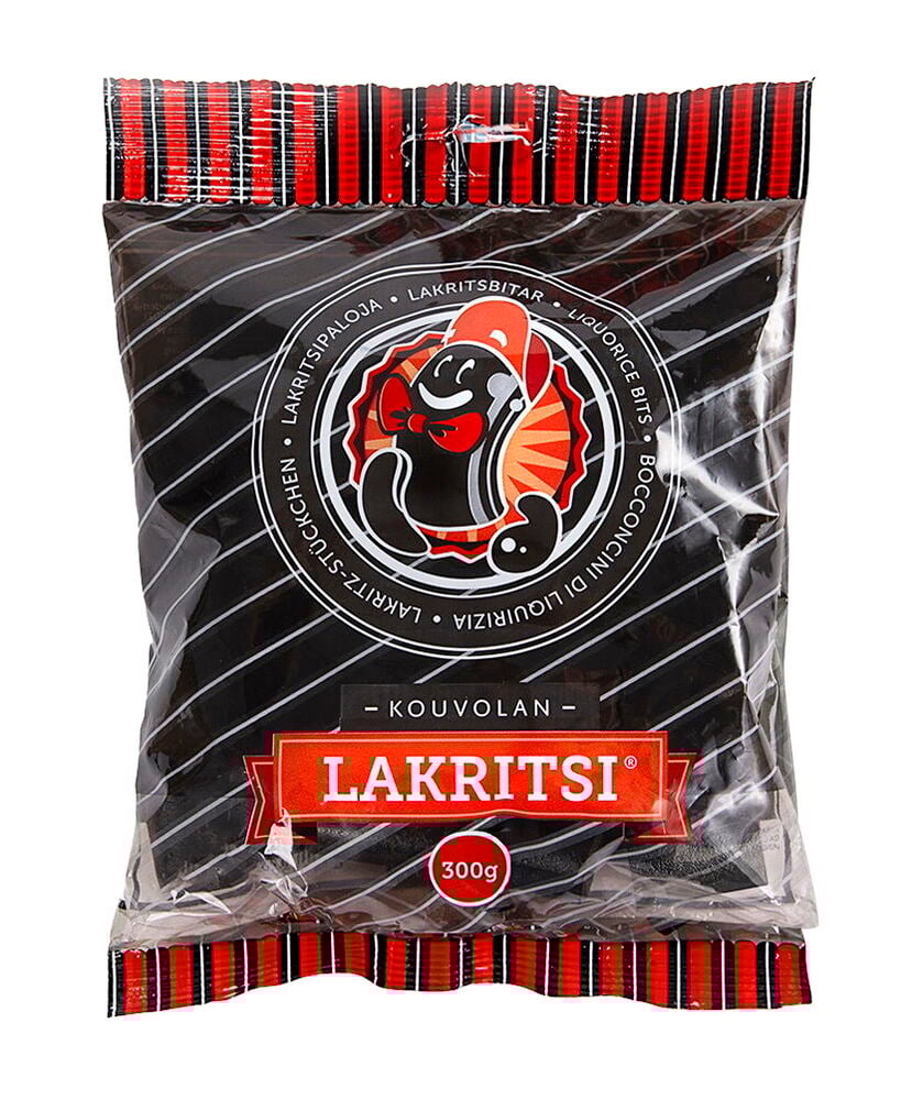 Svart påse Godis Kouvolan Lakritsi 300 g med röd-svart randig topp och botten.