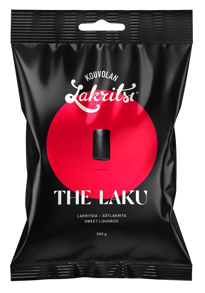 Musta pussi Karkki Kouvolan Lakritsi 300 g punaisella ympyrällä ja mustalla lakritsipalalla.