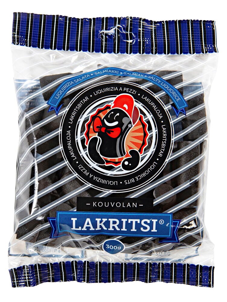 Klar påse Godis Kouvolan Lakritsi 300 g Salty med svarta lakritsbitar och blå/svarta randiga förseglingar.