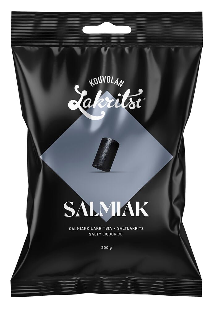 Musta joustava pussi Karkki Kouvolan Lakritsi 300 g Suolainen, jossa on yksi musta lakritsipala.