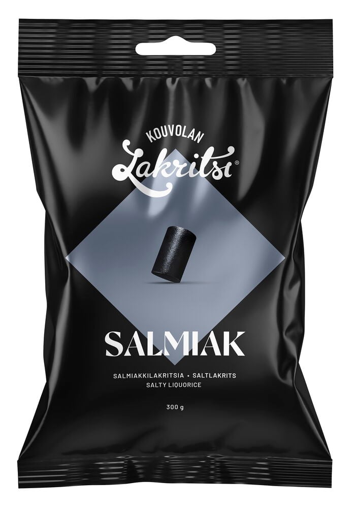 Svart påse Godis Kouvolan Lakritsi 300 g Salty med en enkel svart lakritsbit på grå bakgrund.