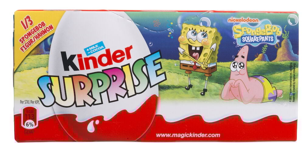 Kinderägg förpackning med Svampbob och Patrick motiv.