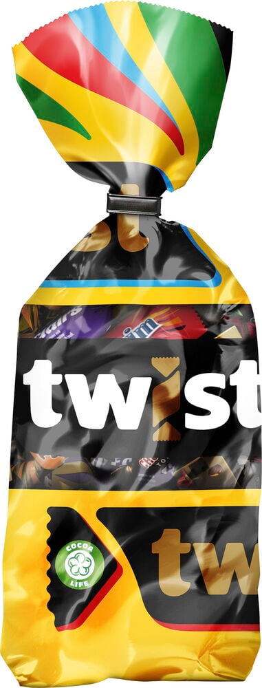 Gul påse med twistade chokladpraliner från Marabou.