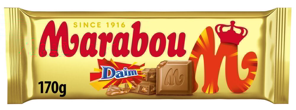 Vorderansicht der Schokolade Marabou 170 g Daim in Goldverpackung mit rotem Logo und sichtbaren Stücken.
