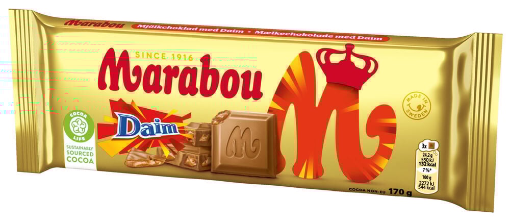 Schokolade Marabou 170 g Daim in goldener Verpackung, mit sichtbaren Schokoladenstücken und Füllung.