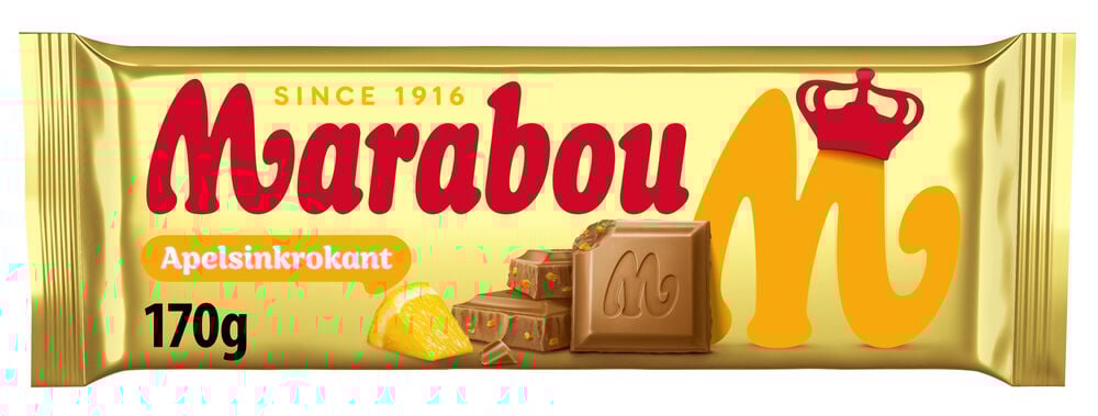Schokolade Marabou 170 g Apelsinkrokant in goldener Verpackung mit Logo und Schokoladenstücken.
