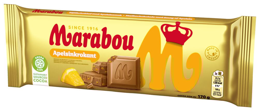 Eine goldene Marabou Apelsinkrokant Schokolade, 170g, mit Orangenscheiben und zerbrochenen Schokoladenstücken.