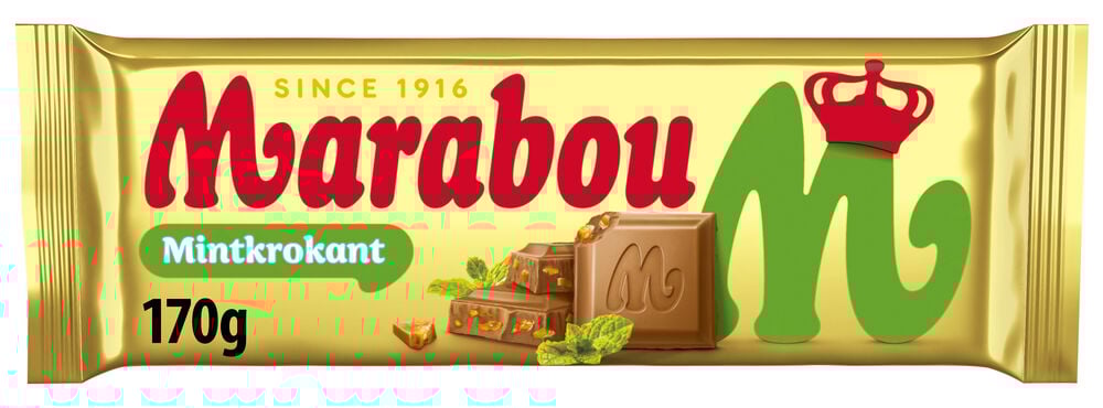 Eine goldene Schokolade Marabou 170 g Mit Minze Packung mit Schokoladenstücken und Minzeblättern.