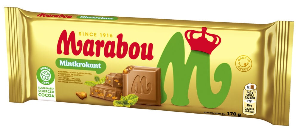 Goldverpackte Schokolade Marabou 170 g Mit Minze, zeigt Milchschokolade mit Minze und Karamellstücken.