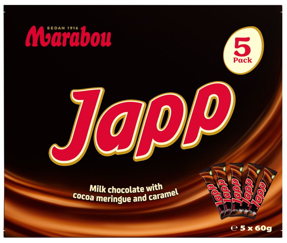 Fempack Marabou Japp mjölkchokladkakor med kola.