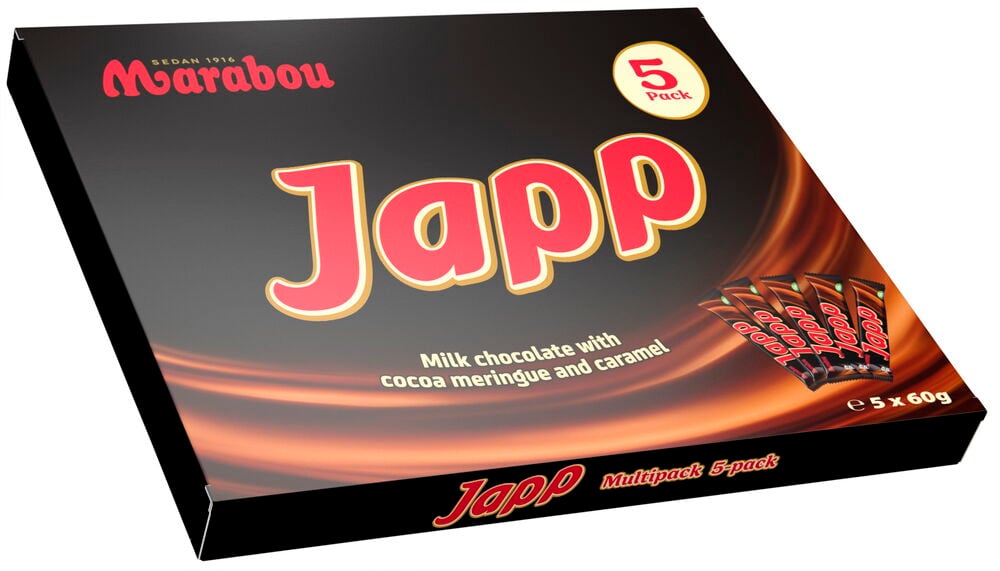 Svart förpackning med fem Marabou Japp chokladkakor.