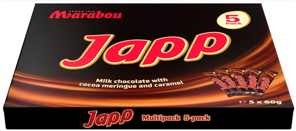 En svart förpackning med fem Marabou Japp chokladbitar.