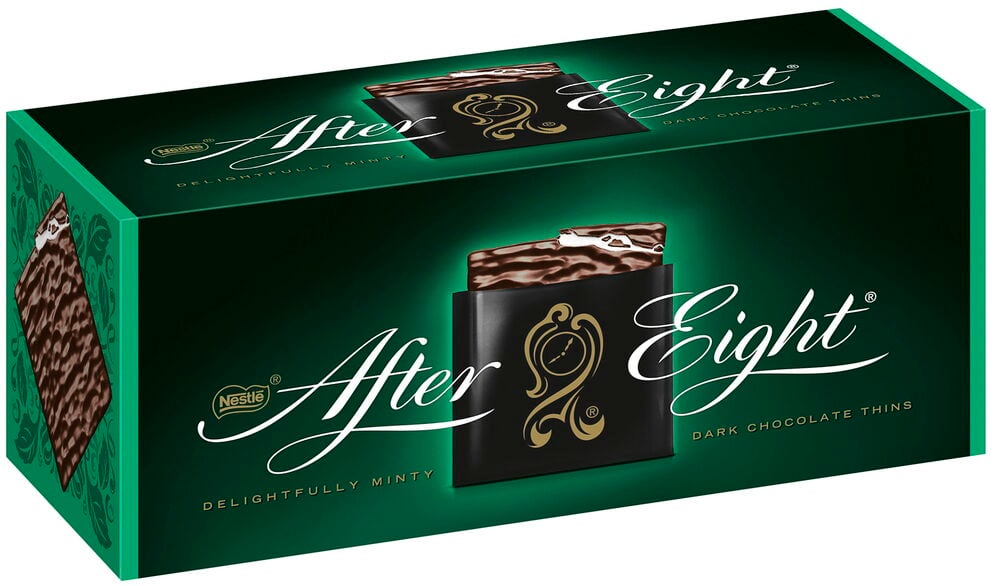 Grüne Pralinenschachtel mit After Eight Minzschokolade.