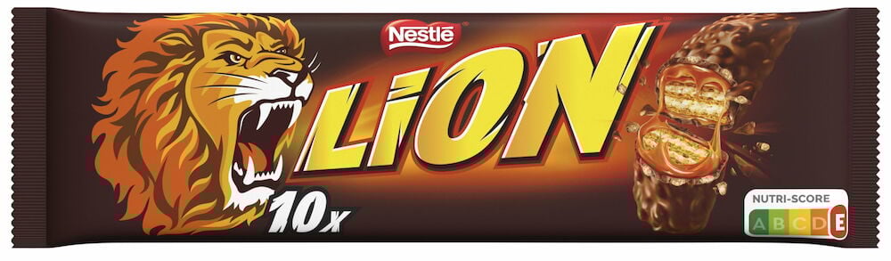 Originaltext: Braune Verpackung mit zehn Lion Schokoriegeln.