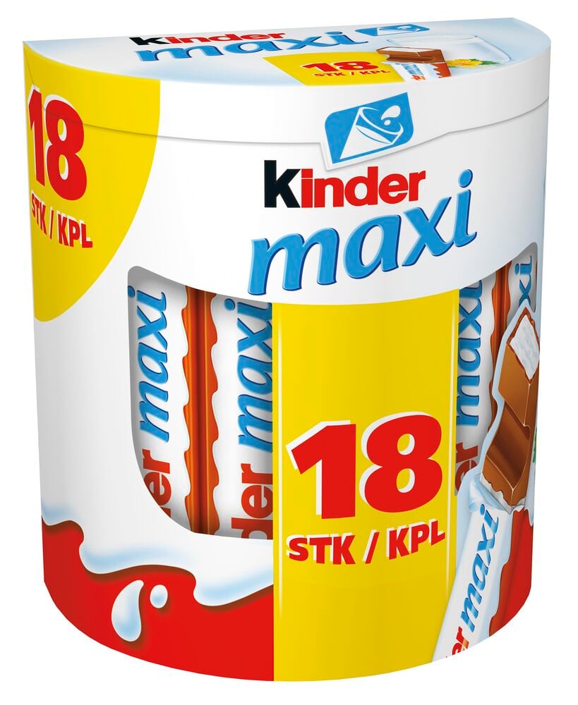 En rund ask med arton Kinder Maxi chokladbitar.